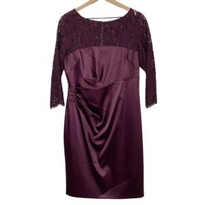 Eliza J Dress Size 12 Satin Lace Ruched Sheath Plum 3/4 Sleeves Cocktail Party